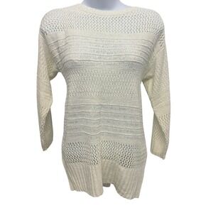 Andrea Jovine Womens Cream Mixed Open Knit 3/4 Sleeve Pullover Sweater Large